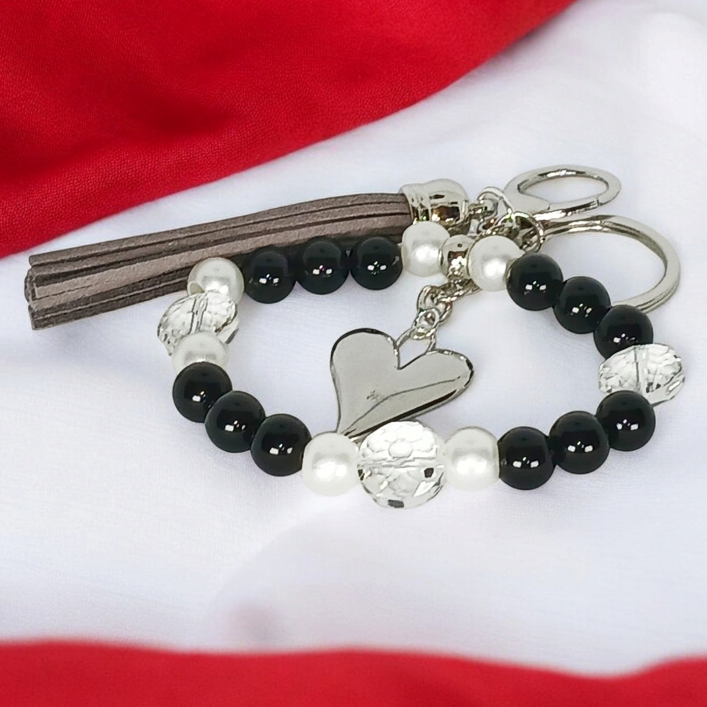 Beaded Bag Charm Black Jade Pearl Silver White Gold Heart Office Siren Corpcore